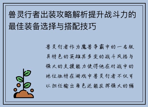兽灵行者出装攻略解析提升战斗力的最佳装备选择与搭配技巧